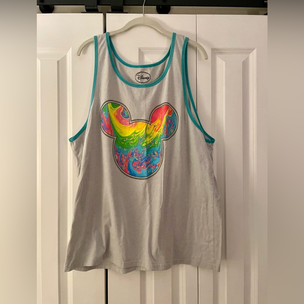 Disney Grey and Blue Trim Tank Top with Rainbow Mickey